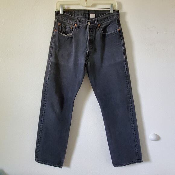 Vintage Levis 501 Mens 32x32 Black Button Fly Straight Leg Faded Frayed Classic - Picture 9 of 14
